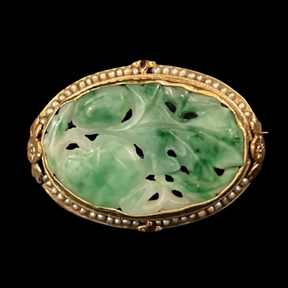 Antique Art Deco Gold Apple Jade Floral Cherry Blossom Pearl Lined Cameo Brooch - Picture 8 of 16